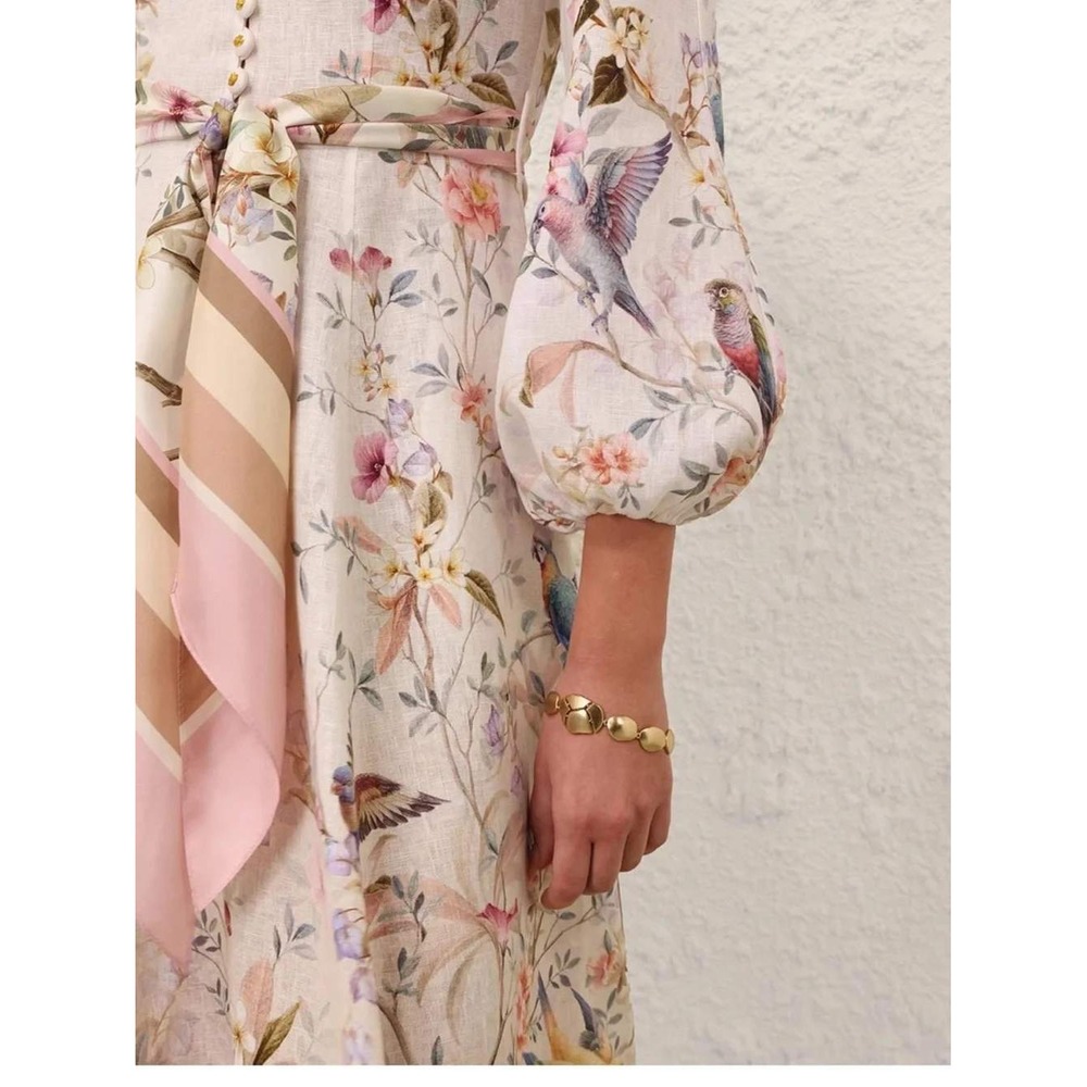 Zimmermann Rebellion Button Midi Dress Cream Aviary Linen Silk Belted Size US 4 - Picture 4 of 16